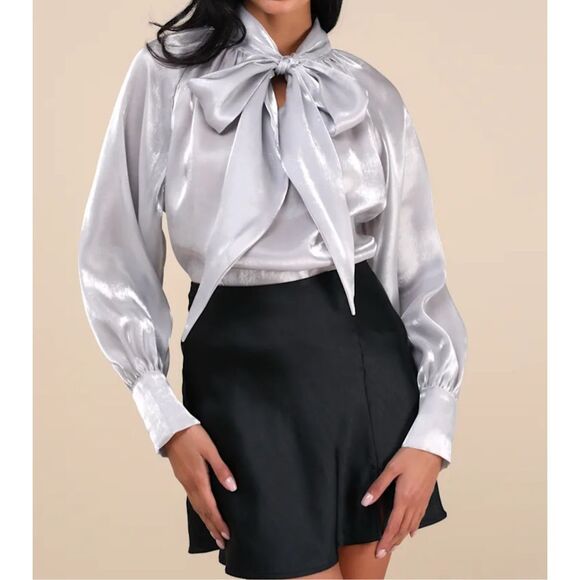 Lulu’s Luxe Shiny Silver Tie-Neck Top - Picture 11 of 12